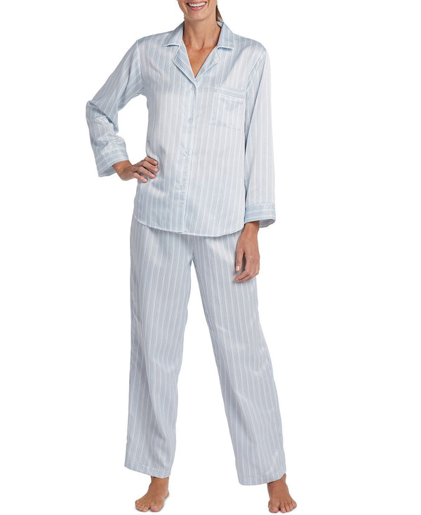 Miss Elaine Brushed Back Satin Notch-collar Pajama Set Blue Stripe