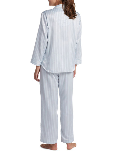 Miss Elaine Brushed Back Satin Notch-collar Pajama Set Blue Stripe