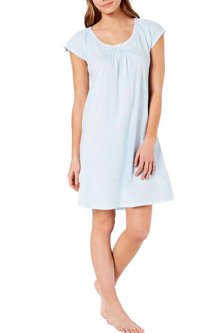 Miss Elaine Cottonessa Embroidered Knit Nightgown in Turquoise Stripe