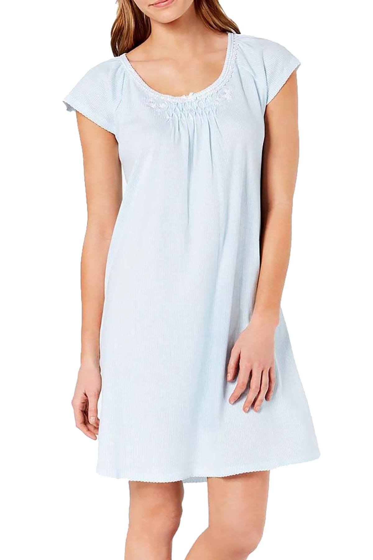 Miss Elaine Cottonessa Embroidered Knit Nightgown in Turquoise Stripe