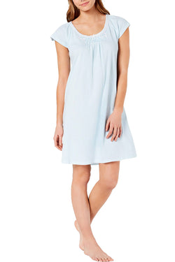 Miss Elaine Cottonessa Embroidered Knit Nightgown in Turquoise Stripe thumbnail 3