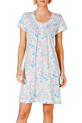 Miss Elaine Cottonessa Flower Print Eyelet Trim Knit Nightgown in Botanical Floral