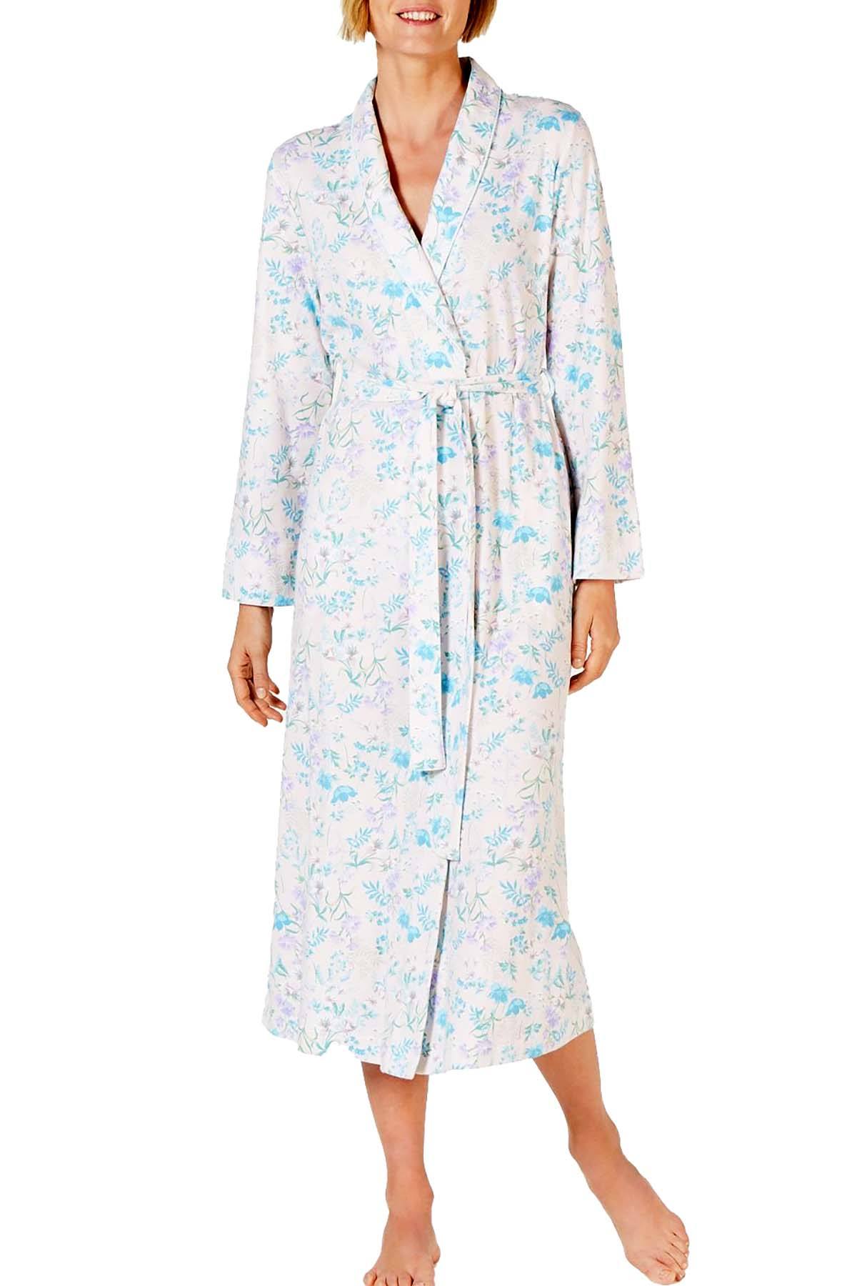 Miss Elaine Cottonessa Printed Long Sleeve Knit Robe in Botanical Floral