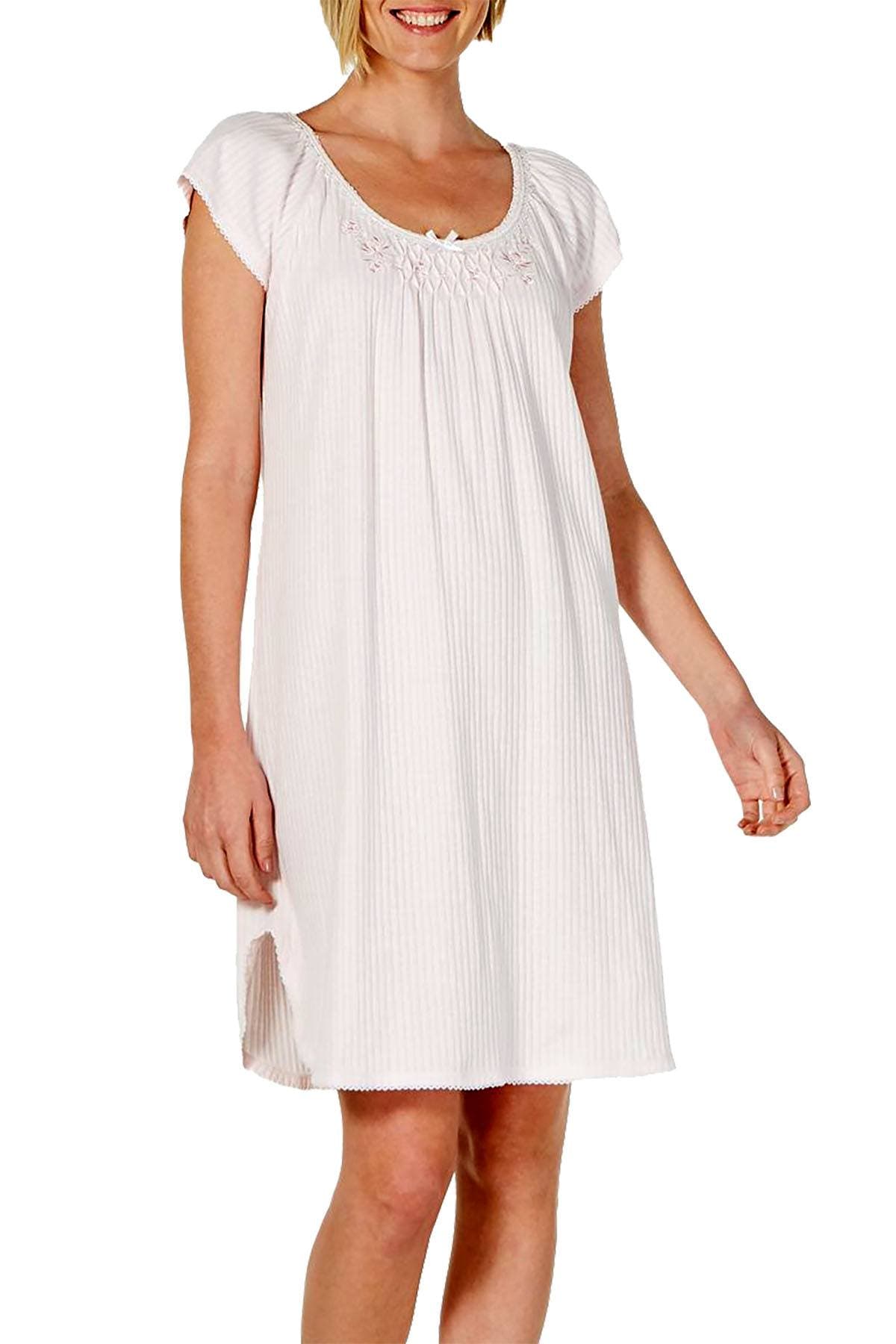 Miss Elaine Embroidered Smocking Trim Nightgown in Pink