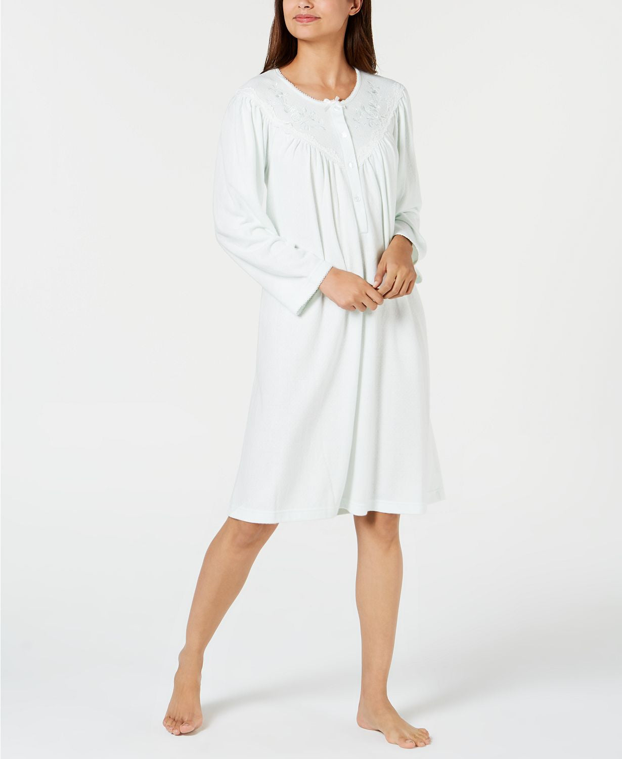 Miss Elaine Embroidery Trimmed Brushed Knit Nightgown in Sage