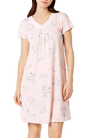 Miss Elaine Floral Print Lace Trim Short Nightgown in Grey Floral Sprays