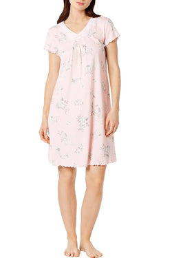 Miss Elaine Floral Print Lace Trim Short Nightgown in Grey Floral Sprays thumbnail 2