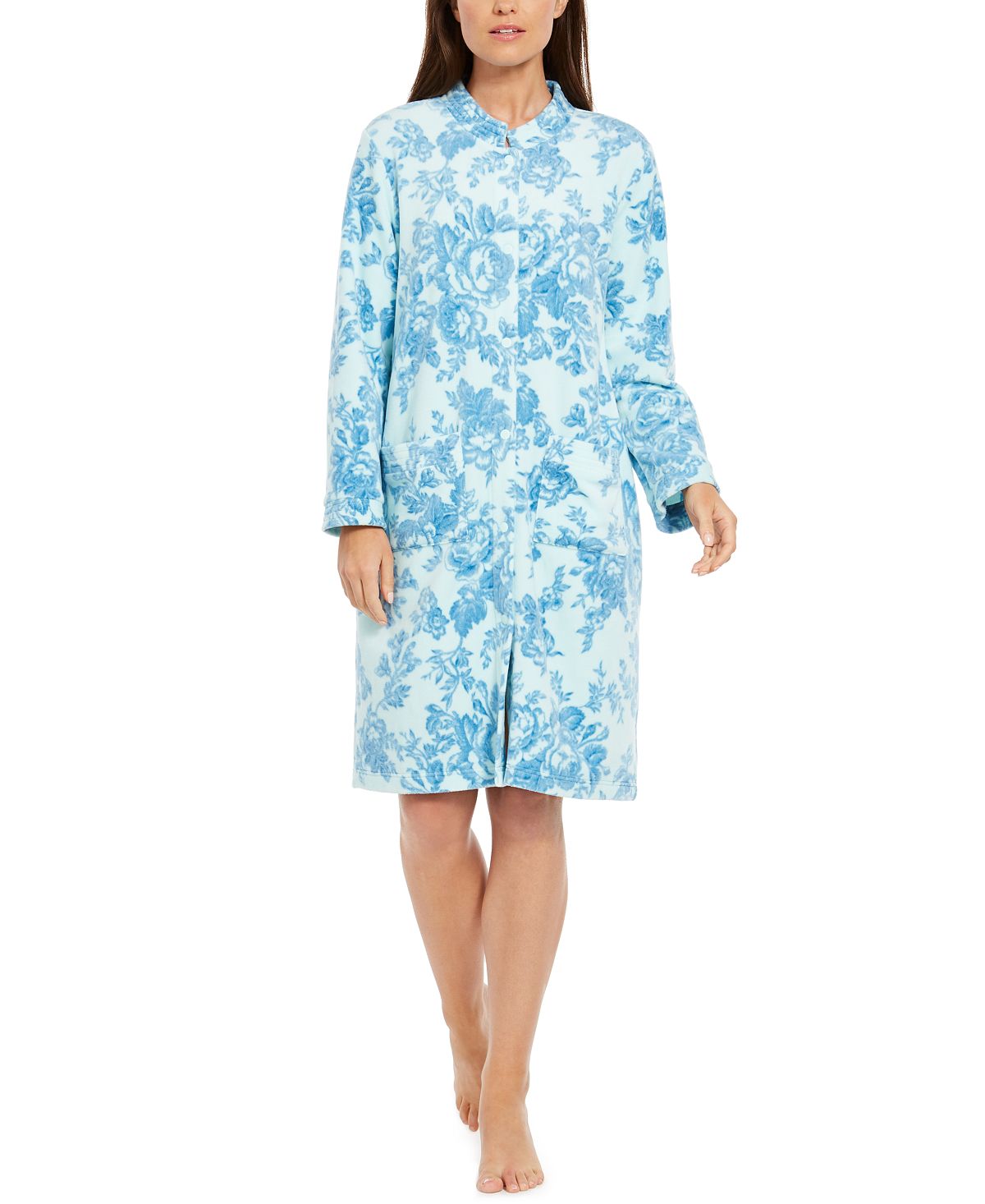 Miss Elaine Floral-print Fleece Snap-front Robe Teal Cabbage Roses
