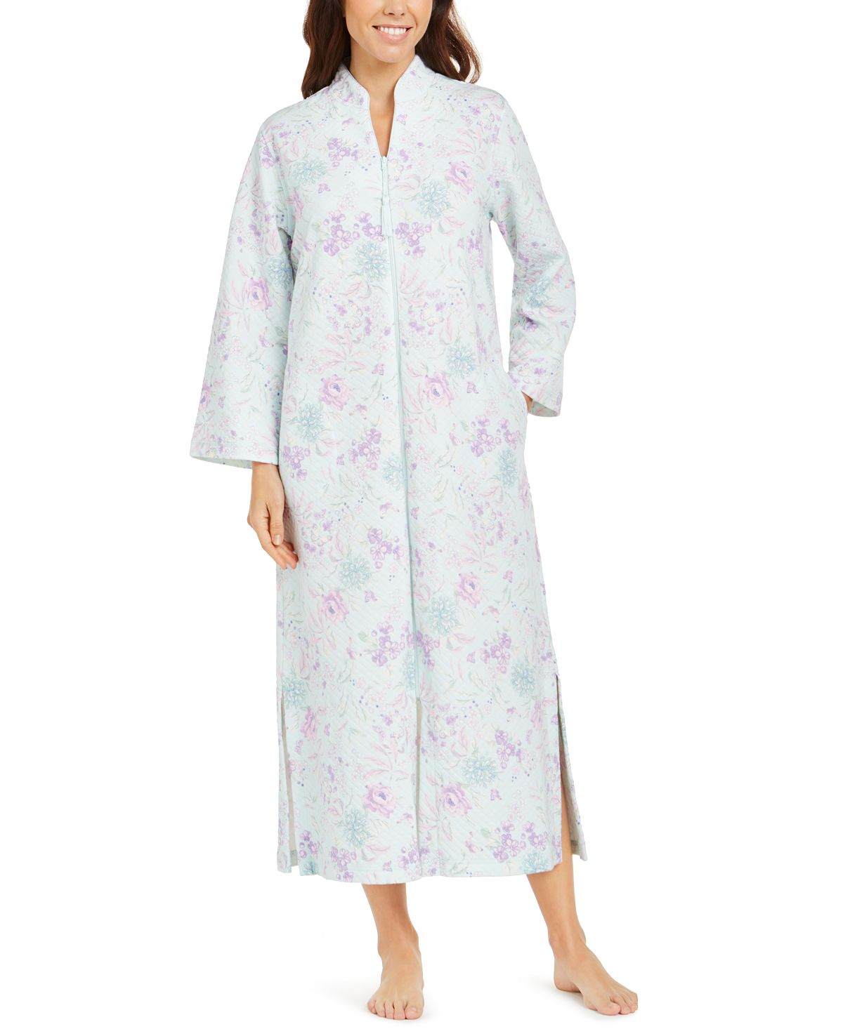 Miss Elaine Floral-print Quilted Zipper Robe Lavender / Pink Floral & Butterflies
