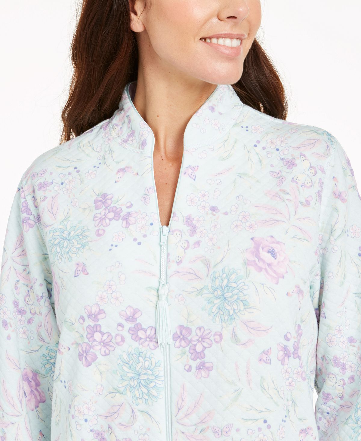 Miss Elaine Floral-print Quilted Zipper Robe Lavender / Pink Floral & Butterflies
