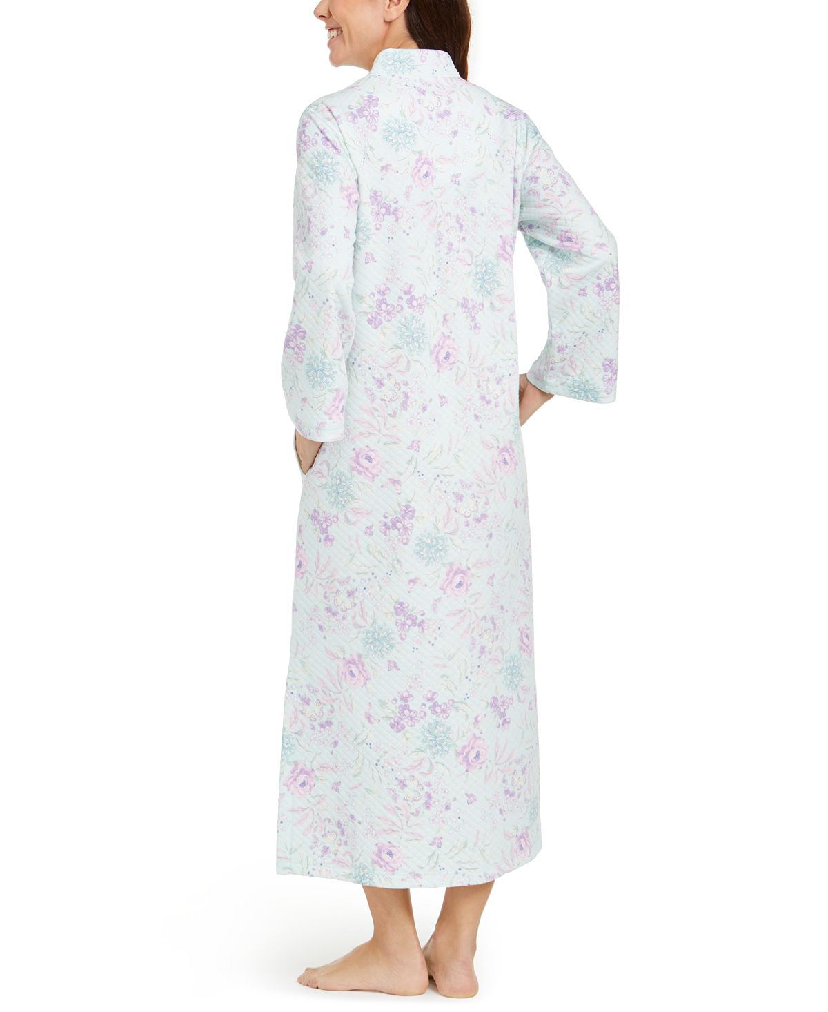 Miss Elaine Floral-print Quilted Zipper Robe Lavender / Pink Floral & Butterflies