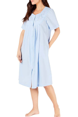 Miss Elaine Flower Embroidered Seersucker Short Gripper Robe in Chambray Blue thumbnail 1