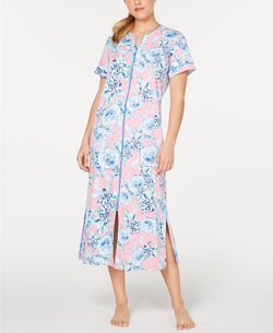 Miss Elaine Flower Print Interlock Knit Zip Up Robe in Blue/Pink thumbnail 4