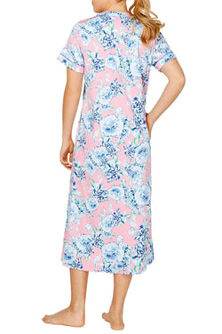 Miss Elaine Flower Print Interlock Knit Zip Up Robe in Blue/Pink thumbnail 2