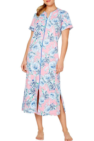 Miss Elaine Flower Print Interlock Knit Zip Up Robe in Blue/Pink