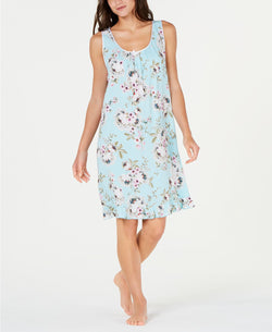 Miss Elaine Flower Print Ruffled Hem Short Nightgown in Aqua thumbnail 3