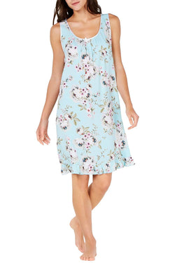 Miss Elaine Flower Print Ruffled Hem Short Nightgown in Aqua thumbnail 2