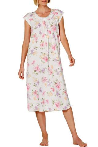 Miss Elaine Lace Trim Printed Knit Long Nightgown in Multicolor Floral