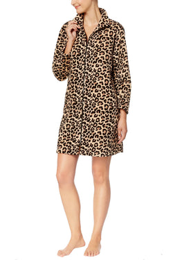 Miss Elaine Leopard-Print Brushed-Fleece Zip-Front Robe thumbnail 1