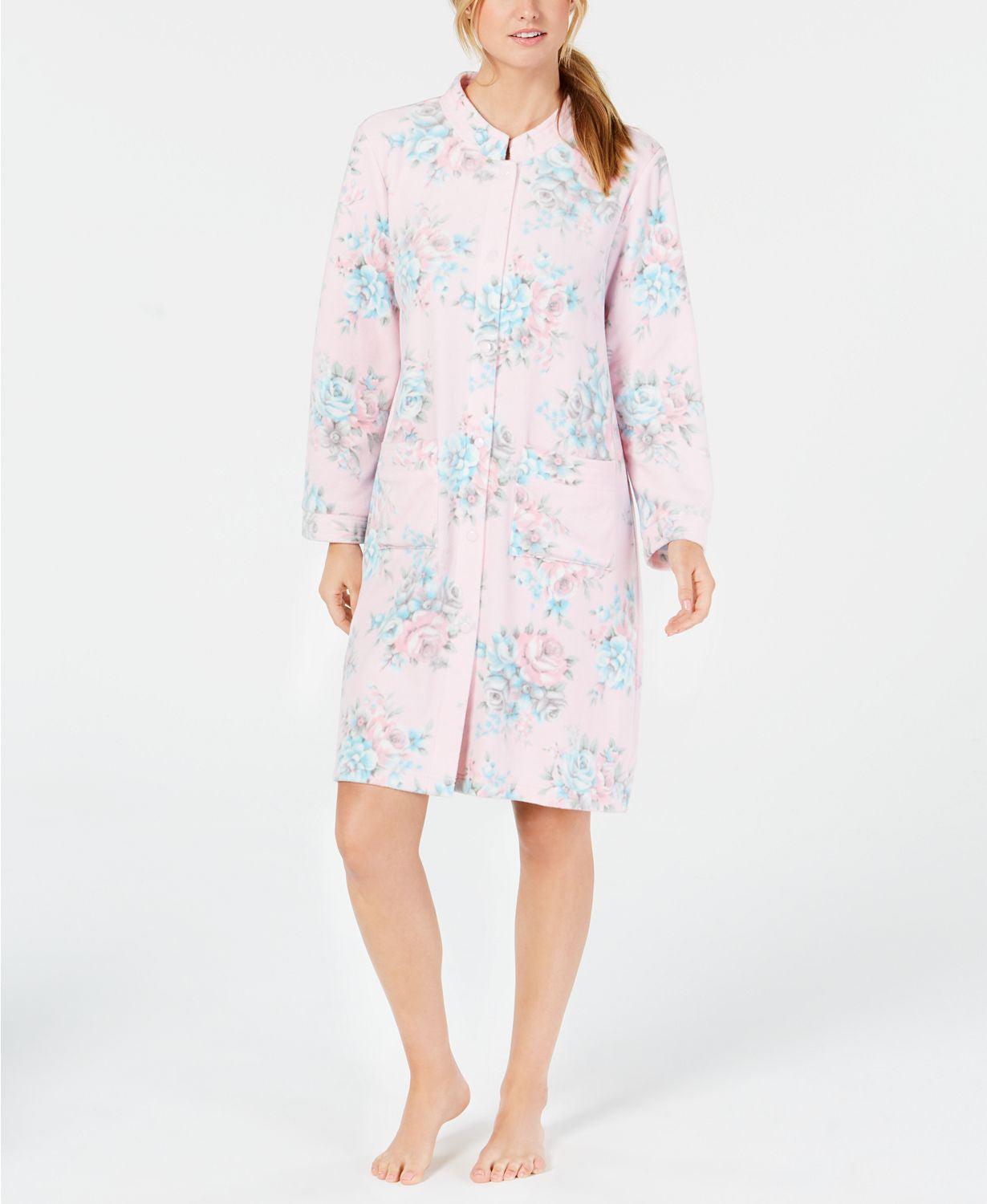 Miss Elaine Luxe Printed Brushed Fleece Short Snap Robe in Pink