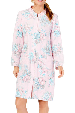 Miss Elaine Luxe Printed Brushed Fleece Short Snap Robe in Pink thumbnail 1