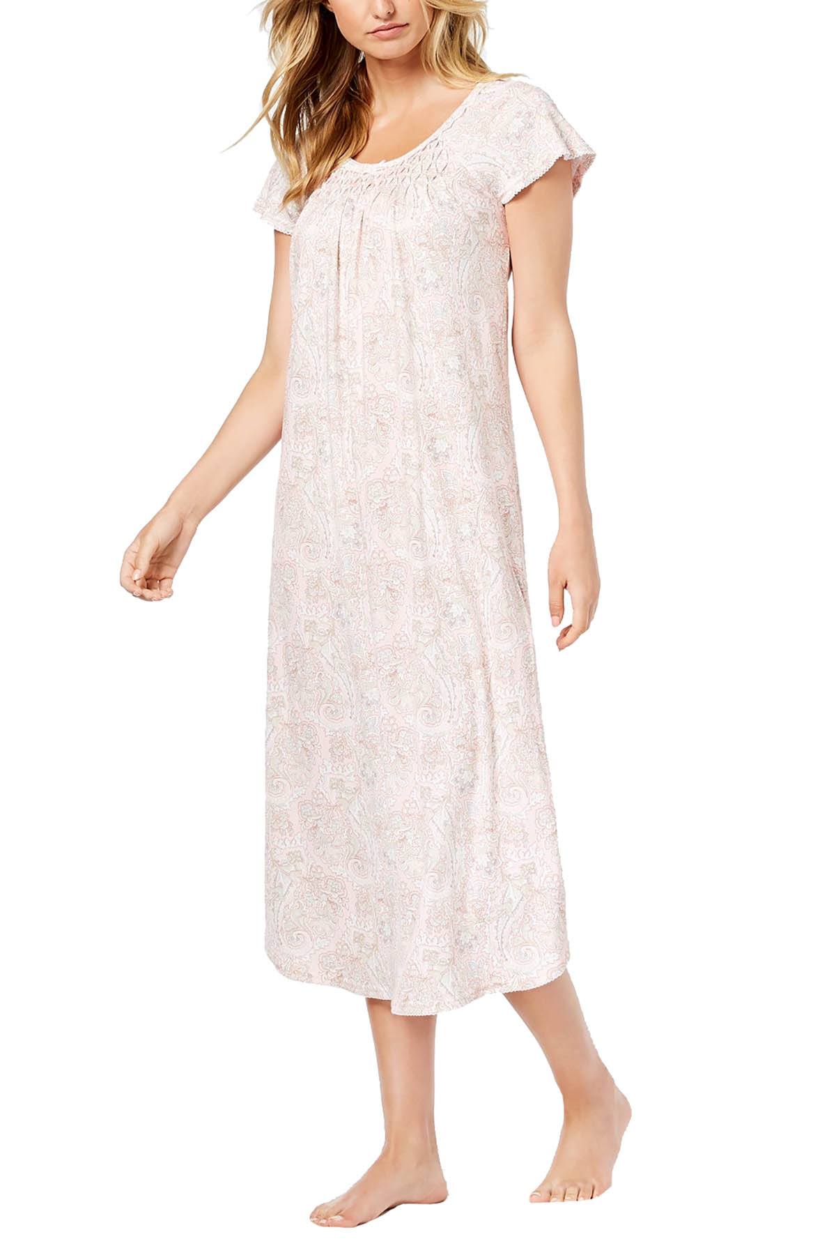 Miss Elaine Neutral Paisley Smocked Printed Knit Nightgown