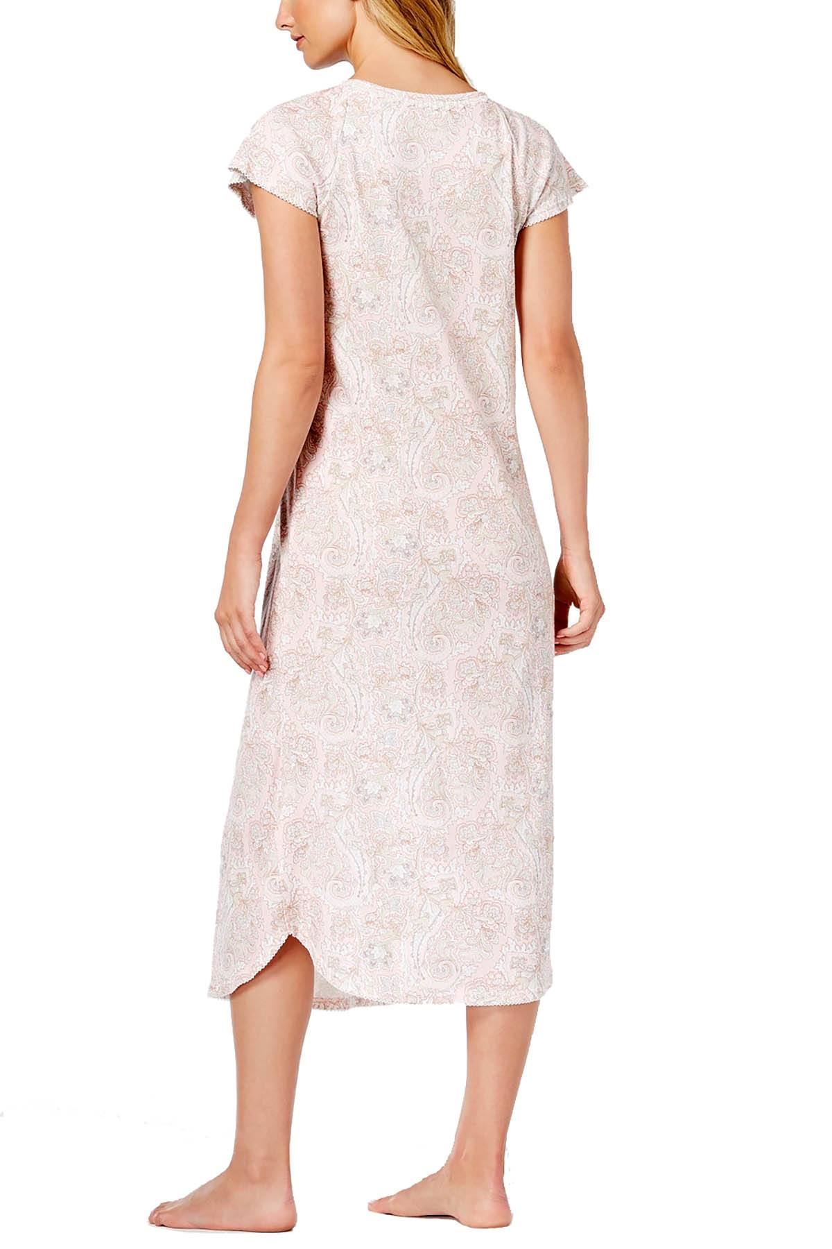 Miss Elaine Neutral Paisley Smocked Printed Knit Nightgown