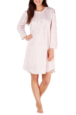 Miss Elaine PETITE Printed Brushed Back Satin Nightgown in Neutral Pink thumbnail 1