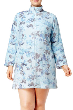 Miss Elaine PLUS Blue Floral-Print Fleece Short Robe thumbnail 1