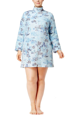 Miss Elaine PLUS Blue Floral-Print Fleece Short Robe thumbnail 2