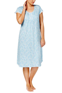 Miss Elaine PLUS Blue Paisley-Print Tucked-Front Knit Nightgown thumbnail 1