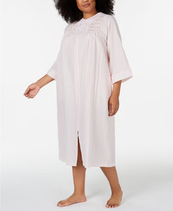 Miss Elaine PLUS Embroidered Seersucker Long Zip Up Robe in Peach thumbnail 2