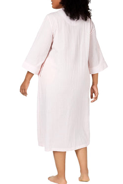 Miss Elaine PLUS Embroidered Seersucker Long Zip Up Robe in Peach thumbnail 3