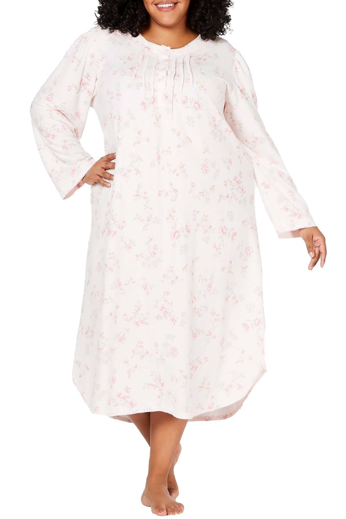 Miss Elaine PLUS Long Printed Knit Gown in Peach Flower Sprays