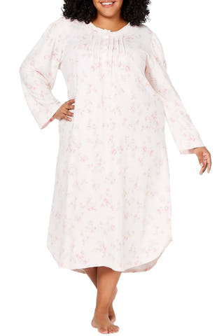 Miss Elaine PLUS Long Printed Knit Gown in Peach Flower Sprays