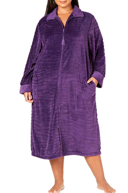 Miss Elaine PLUS Textured Fleece Long Zip Robe in Plum thumbnail 1