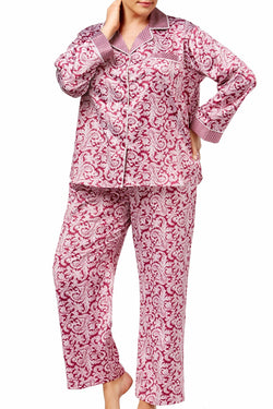 Miss Elaine PLUS Wine/Paisley Contrast-Cuff Pajama Set thumbnail 1