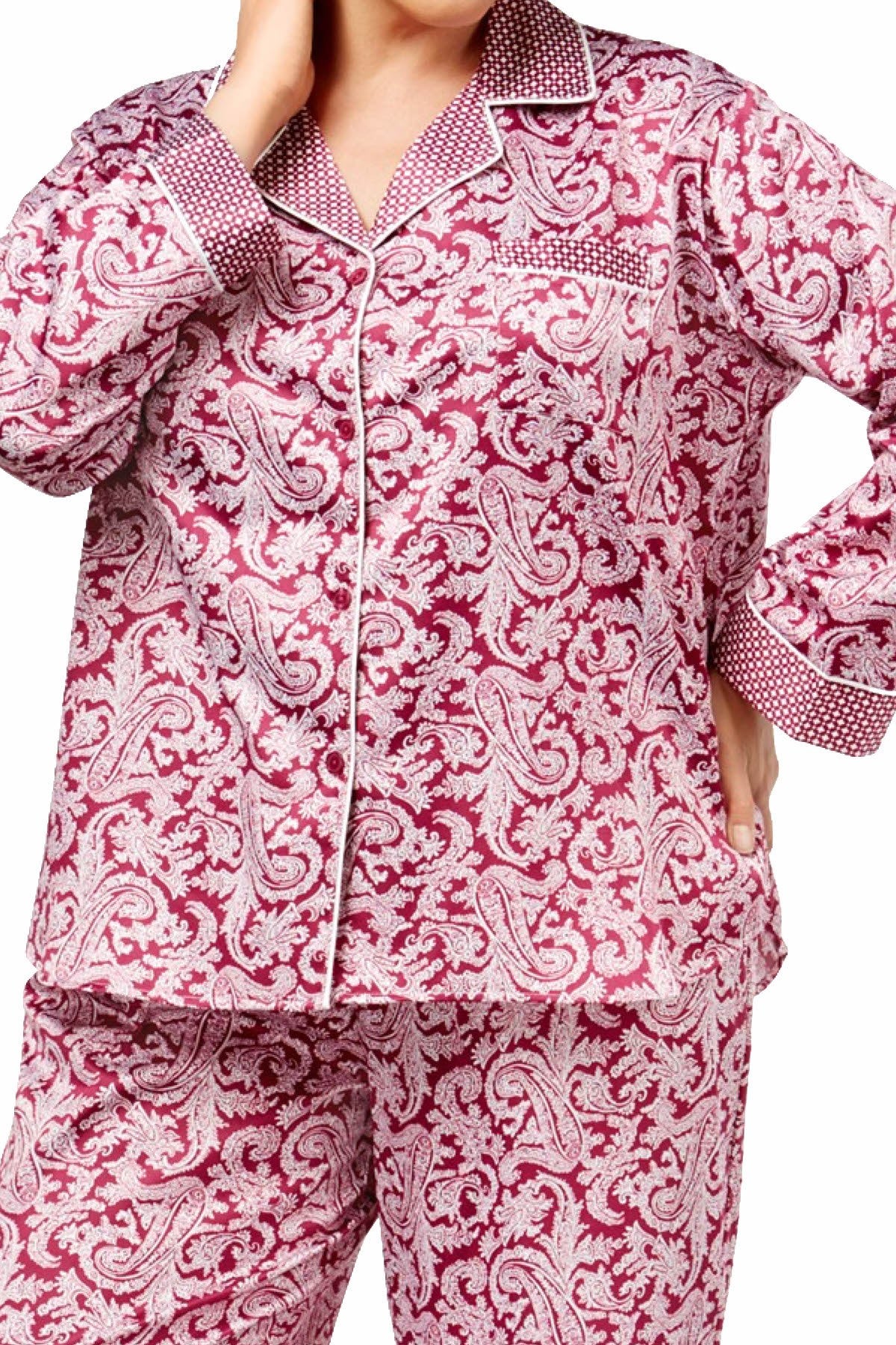 Miss Elaine PLUS Wine/Paisley Contrast-Cuff Pajama Set