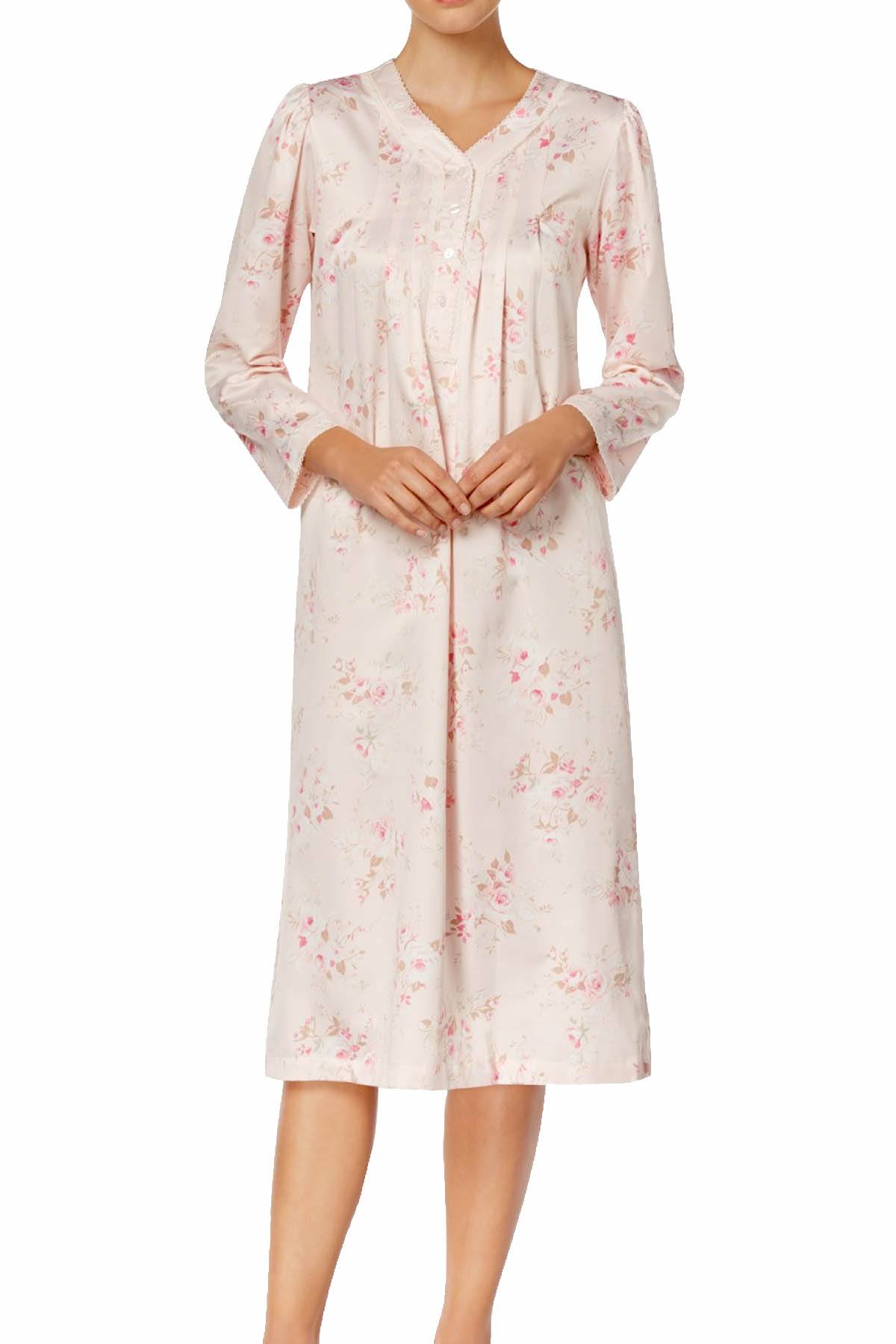 Miss Elaine Pink-Bouquet Floral-Print Picot-Trim Nightgown