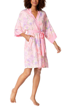 Miss Elaine Pink Floral-Printed Foulard Short Wrap Robe thumbnail 1
