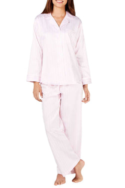 Miss Elaine Pink Stripe Brushed Back Satin Pajama Set thumbnail 1