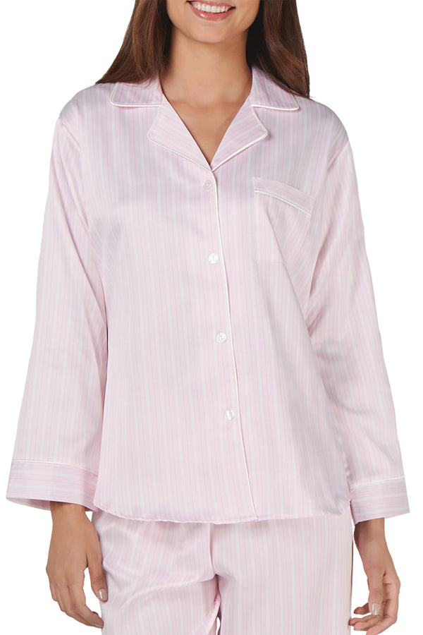 Miss Elaine Pink-Striped Brushed-Back Satin Pajama Top
