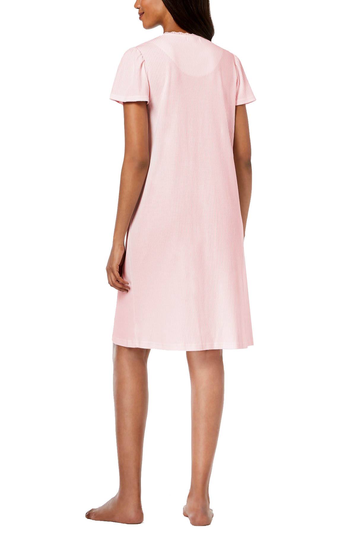 Miss Elaine Pink Texture Striped Embroidered Short Nightgown