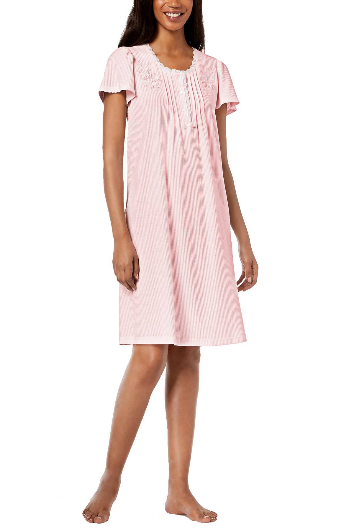 Miss Elaine Pink Texture Striped Embroidered Short Nightgown