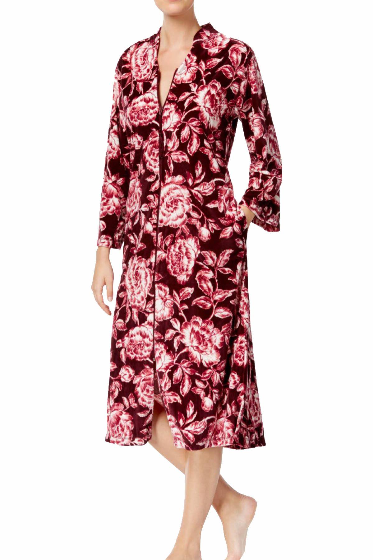 Miss Elaine Pink/Wine Velour-Knit Floral-Print Robe