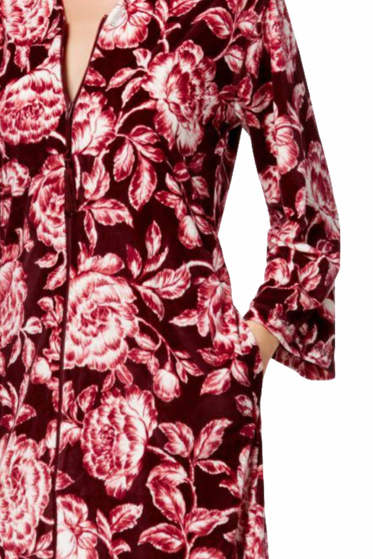 Miss Elaine Pink/Wine Velour-Knit Floral-Print Robe