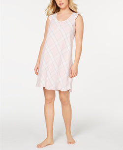 Miss Elaine Printed And Ruffled Seersucker Nightgown in Pink Plaid thumbnail 3