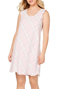 Miss Elaine Printed And Ruffled Seersucker Nightgown in Pink Plaid thumbnail 1