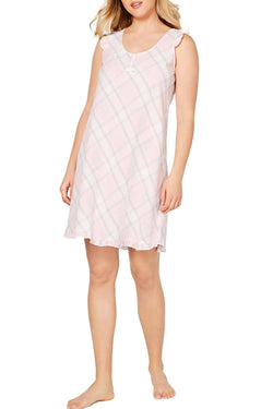 Miss Elaine Printed And Ruffled Seersucker Nightgown in Pink Plaid thumbnail 2