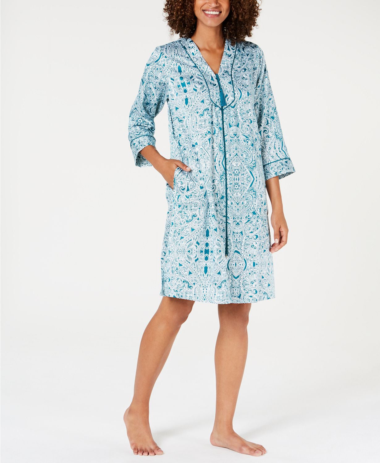 Miss Elaine Printed Brushed Back Satin Zip Robe in Jade Paisley